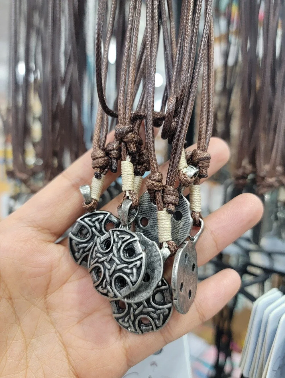 Celtic Knot Silver Medallion Necklace with Brown Cord